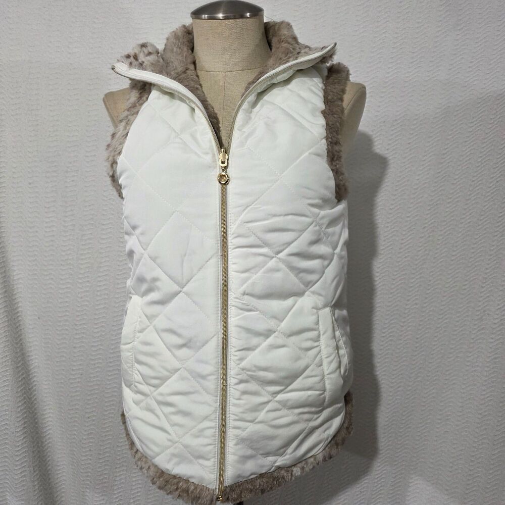 Casual Identity Reversible White & Brown Animal Print Faux Fur Zip Vest S - Picture 1 of 15